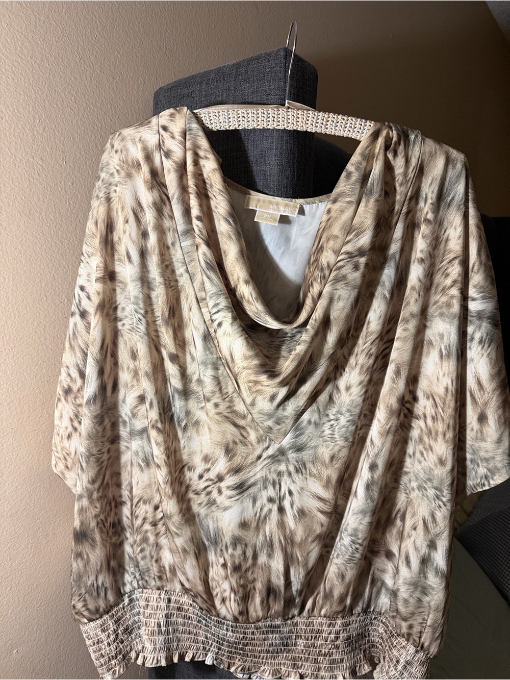 MICHAEL Michael Kors Beige and Brown Animal-Print Drape Neck Top